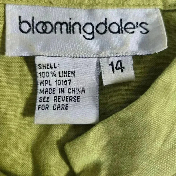 Bloomingdale 100% linen chartreuse button down shirt size 14 - Picture 6 of 10